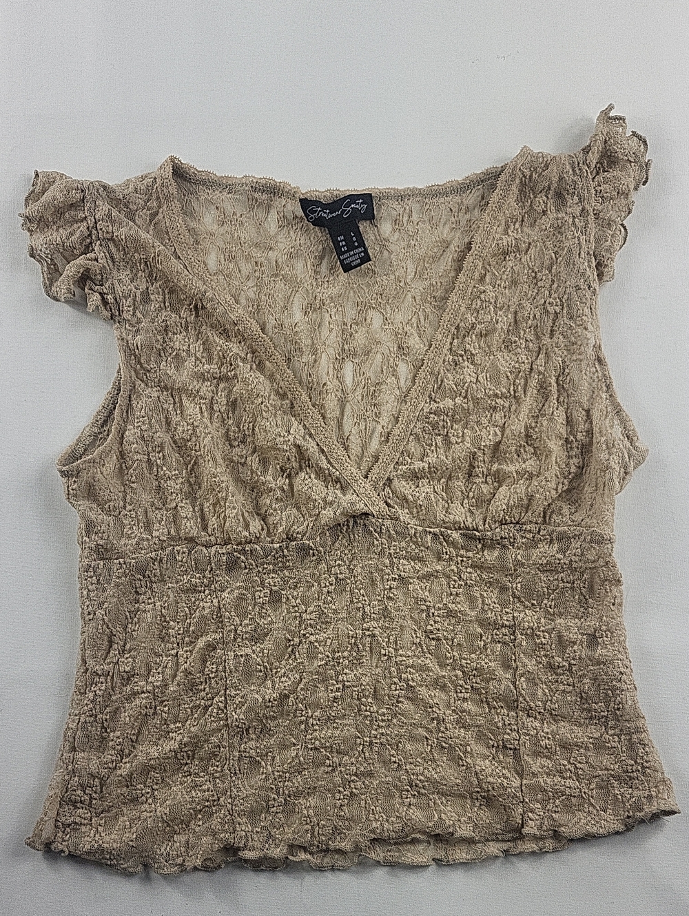 Streetwear Society Tan Textured Lace Cap Sleeve V-Neck Crop Top L